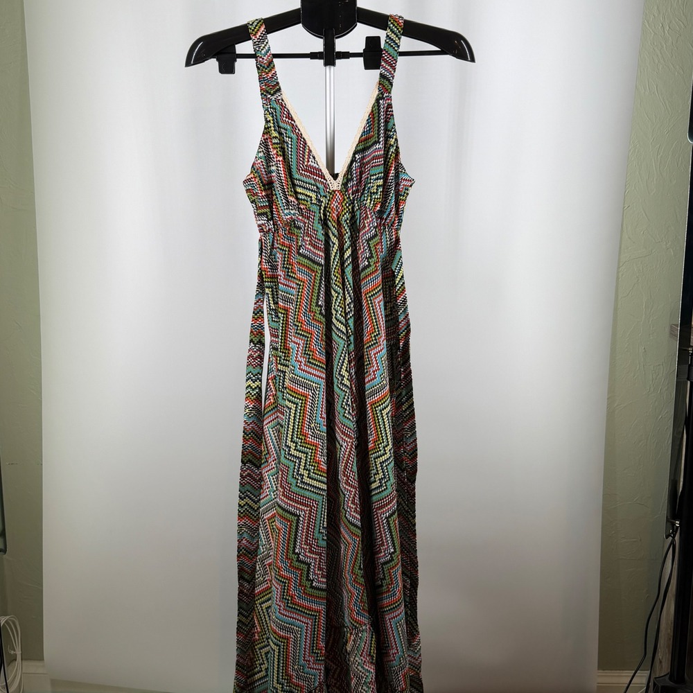 Urban Nomad Earthbound Trading Chevron Geometric Maxi Dress Boho Lace Trim‎ S/M